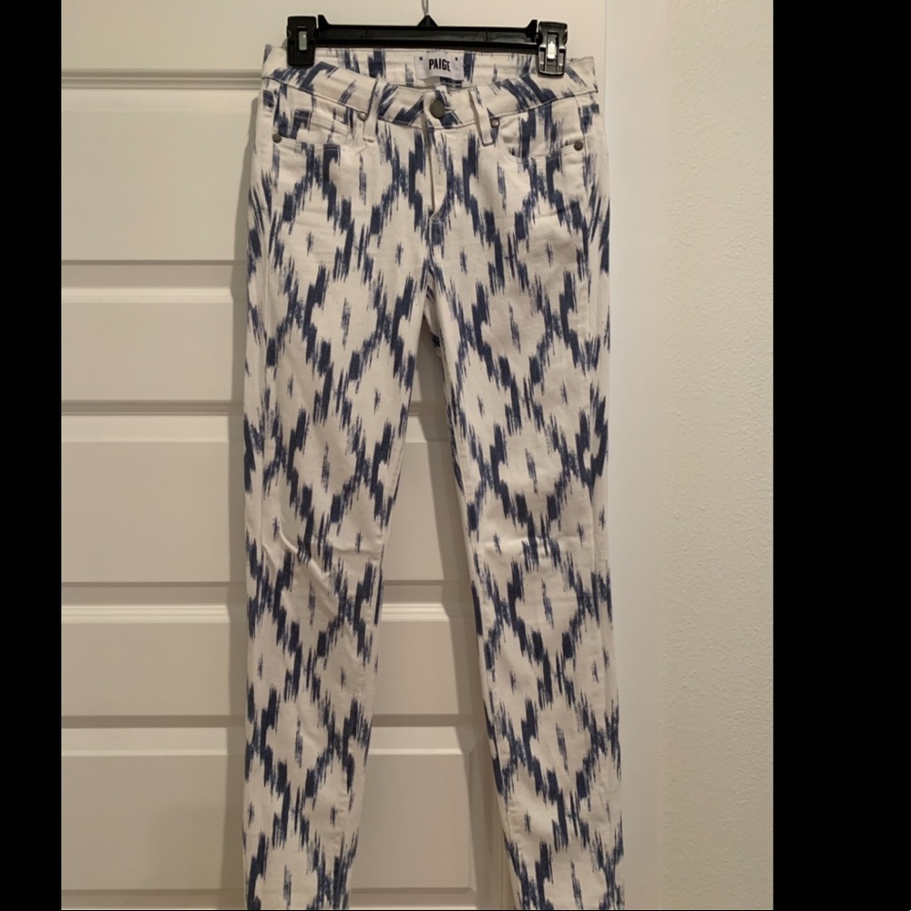 Paige ikat print white and blue skinny jeans
